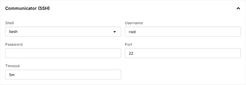 The Communicator (SSH) panel inside a VM, showing Shell, Username, Password, Port, and Timeout fields.