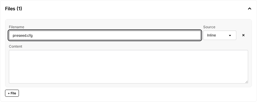 The Files section at the top of the build editor, with one inline entry and one URL entry expanded.