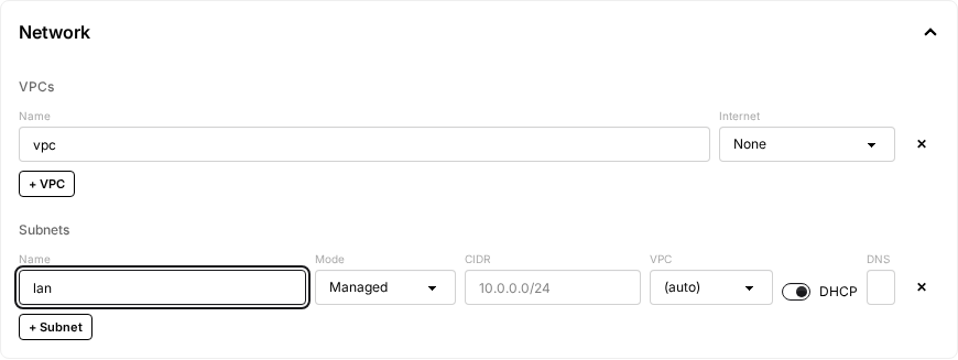 The top-level Network section with VPCs and Subnets, plus a VM's Network Interfaces panel.