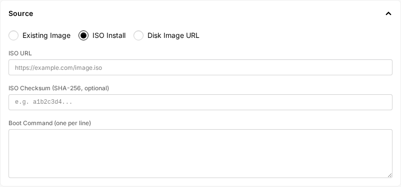 The Source picker on a VM, with radio buttons for Existing Image, ISO Install, and Disk Image URL.